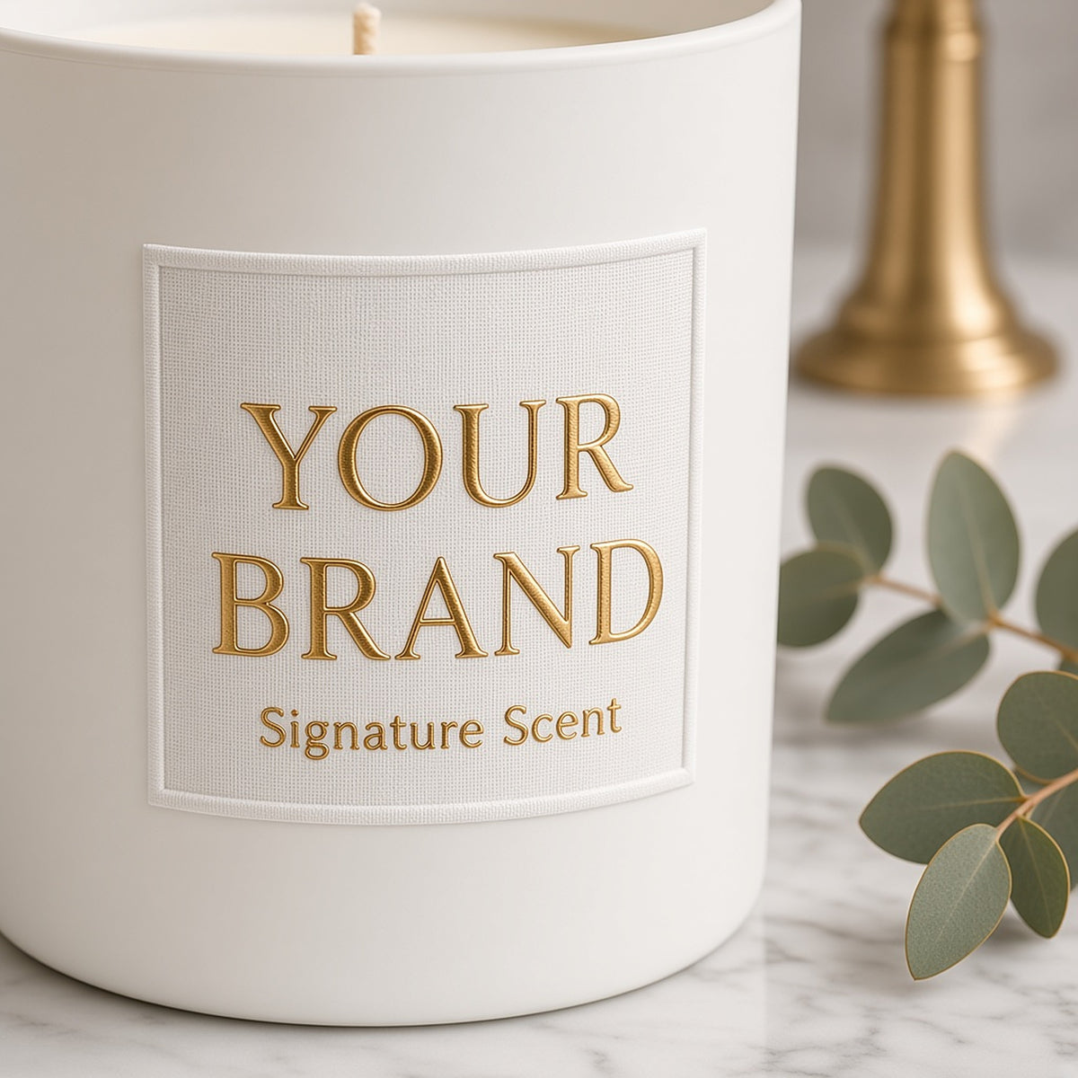 Close-up of a gold foil and embossed fabric label