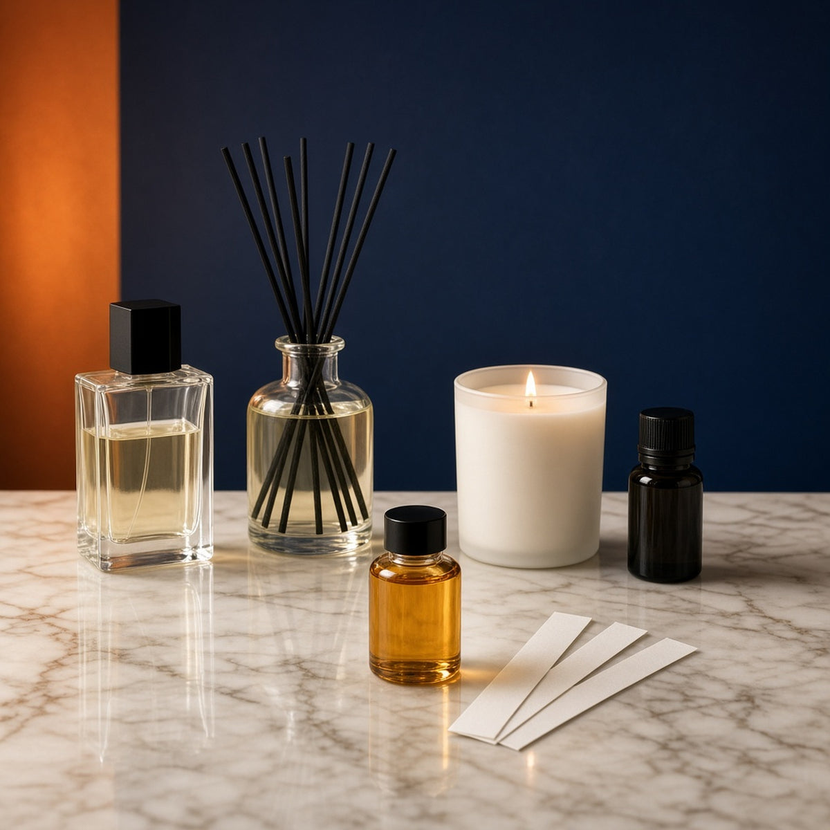 Fragrance replication: a client's perfume, diffuser and candle matched with custom fragrance oil