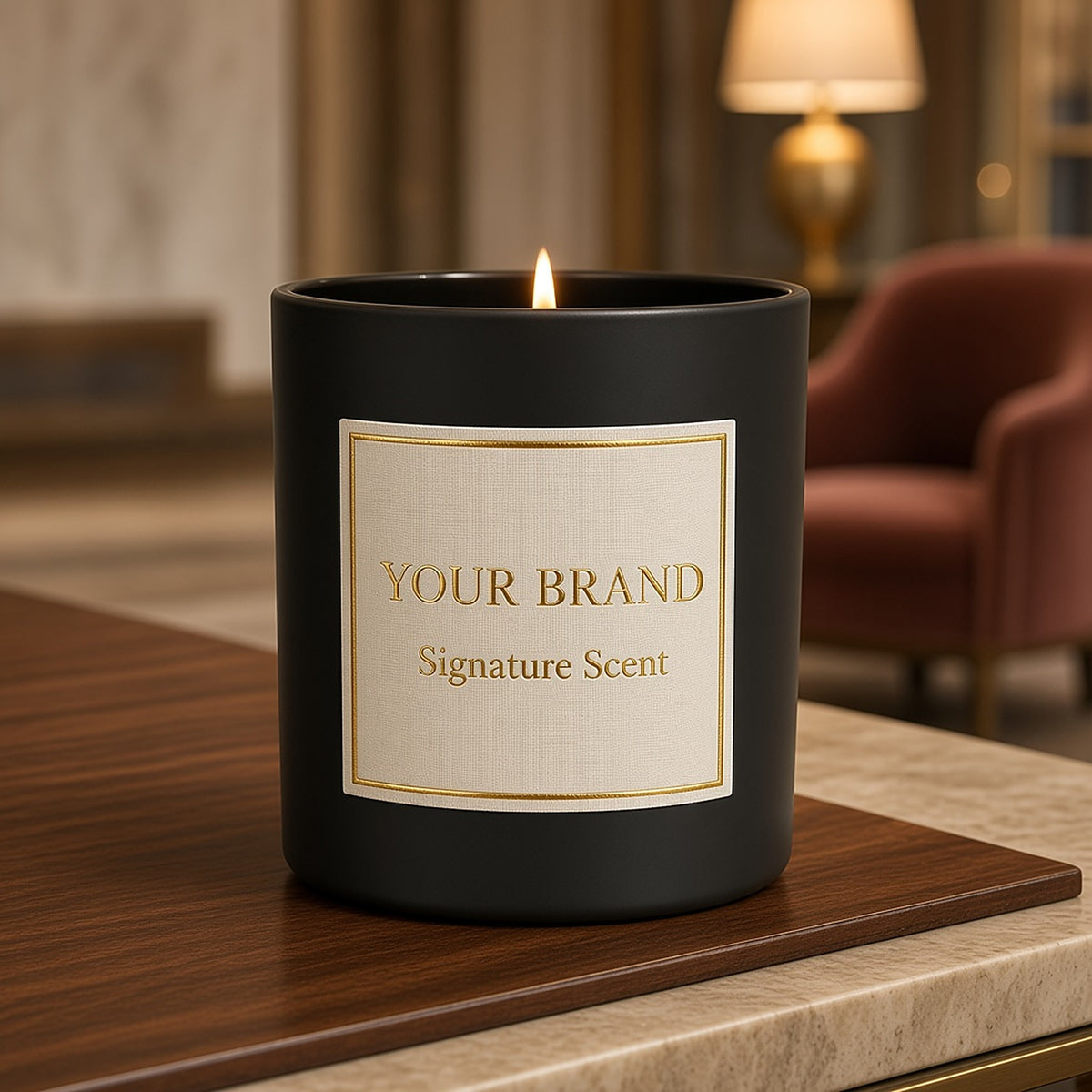 Gold foil custom label on a matte black candle