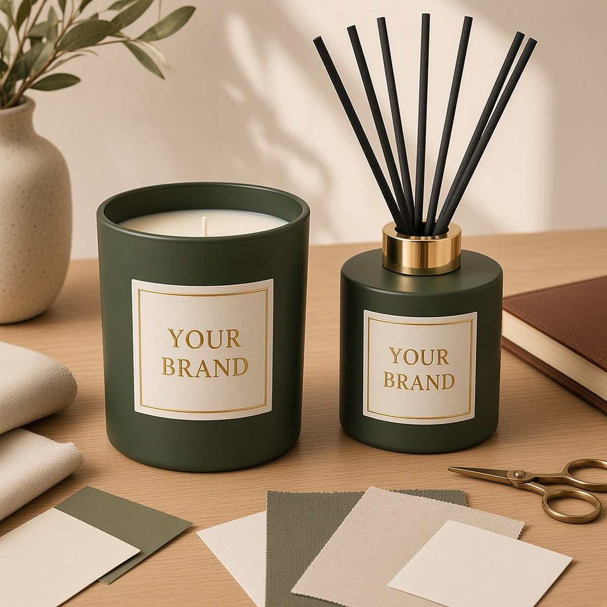 Gold foil custom labels on a matte green candle and reed diffuser