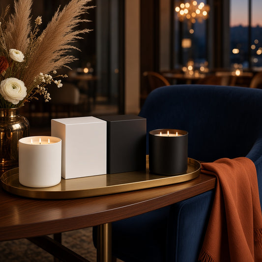 40 oz 3 Wick Candles lit on a tray in an upscale hotel lounge