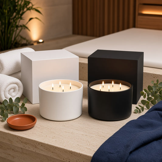 5 Wick Candles in matte white and black lit in a spa setting with magnetic boxes