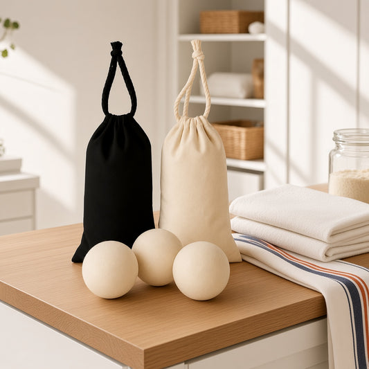 Wool dryer balls with drawstring bags in a bright laundry room