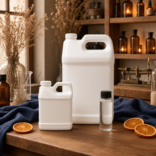 Fragrance oil in vial and jug sizes on a wooden workbench