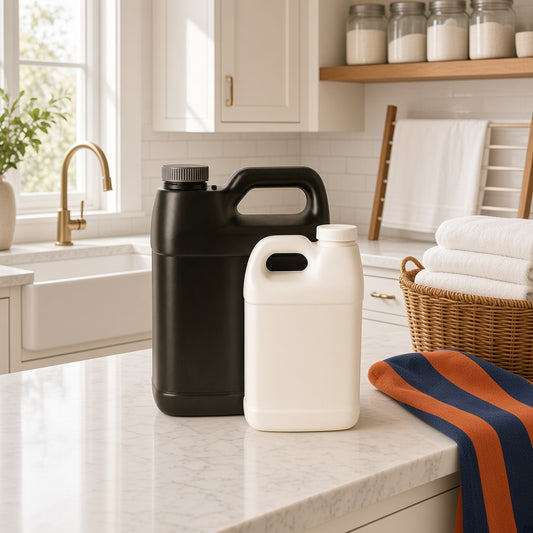 Laundry detergent jugs in black and white in a bright laundry room