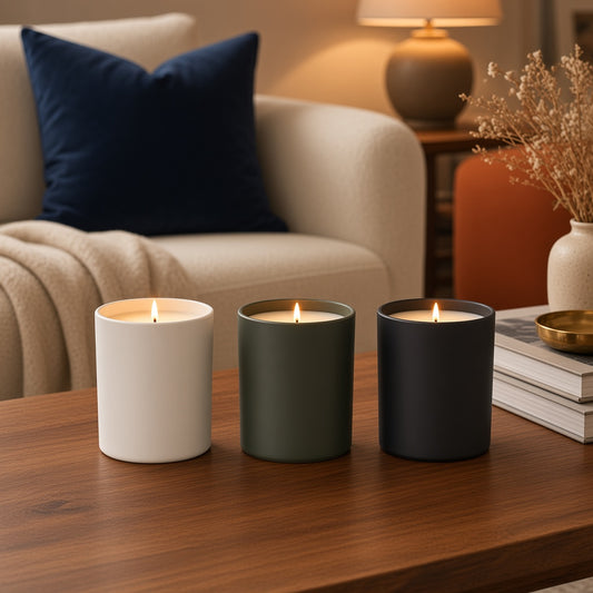 Matte candles in white, green and black lit on a living room coffee table