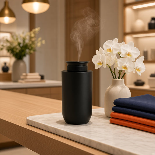 Mini Tower scent diffuser misting on a showroom table