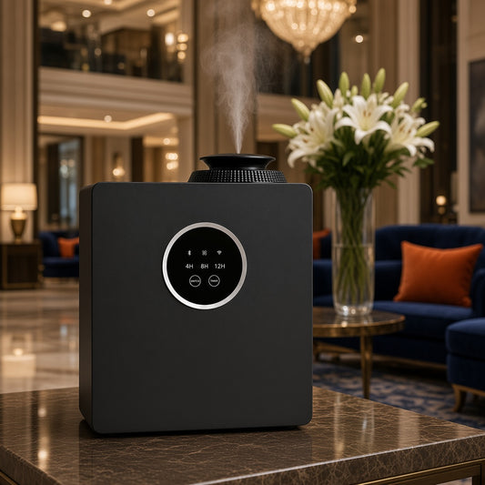 Power series scent machine misting in a hotel lobby