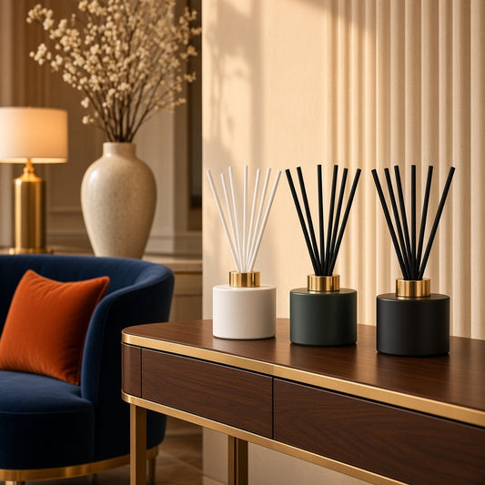 5.6 oz reed diffusers in white, green and black on a hotel entry console