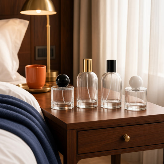 Room and linen spray bottles on a bedside table