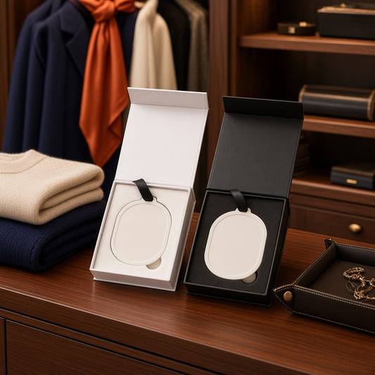 Scented ceramic discs in white and black gift boxes in a closet