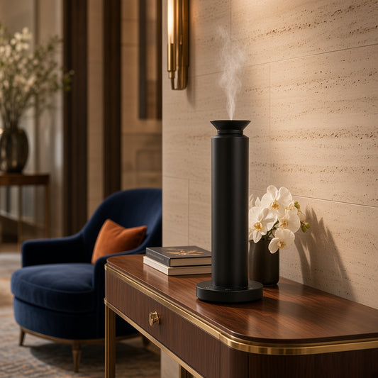 Tower 500 scent diffuser misting on a walnut console table in a hotel lobby